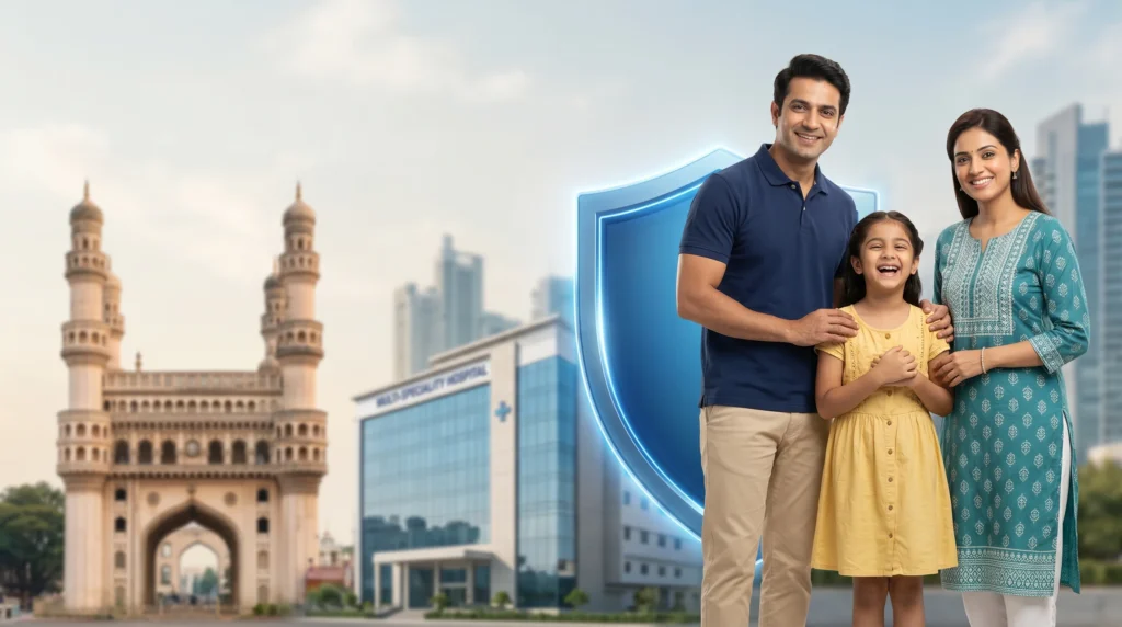 Happy Indian family protected with health insurance in Hyderabad